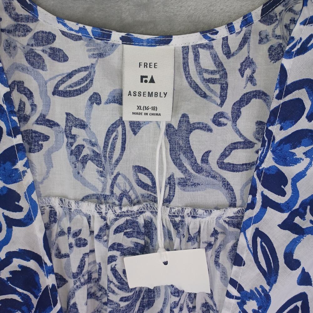 Free Assembly Women Floral Dress Cover Up XL Blue White Cotton Beach Resort - Picture 4 of 8
